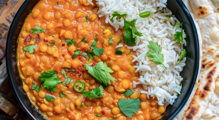 High protein vegan meal – lentil and chickpea dahl in bowl