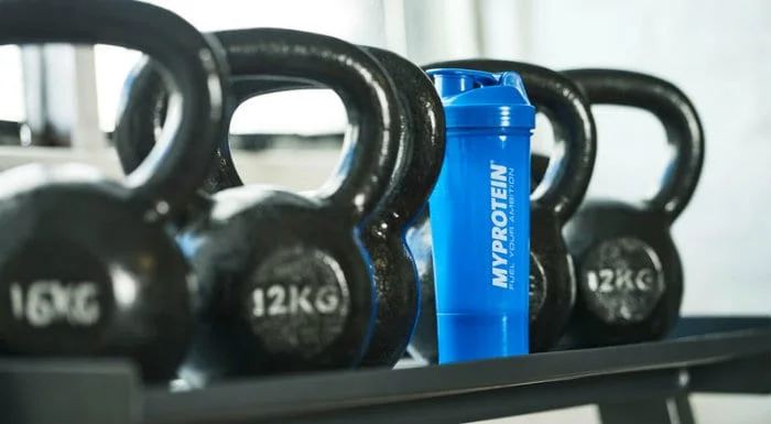 blue myprotein shaker with kettlebells