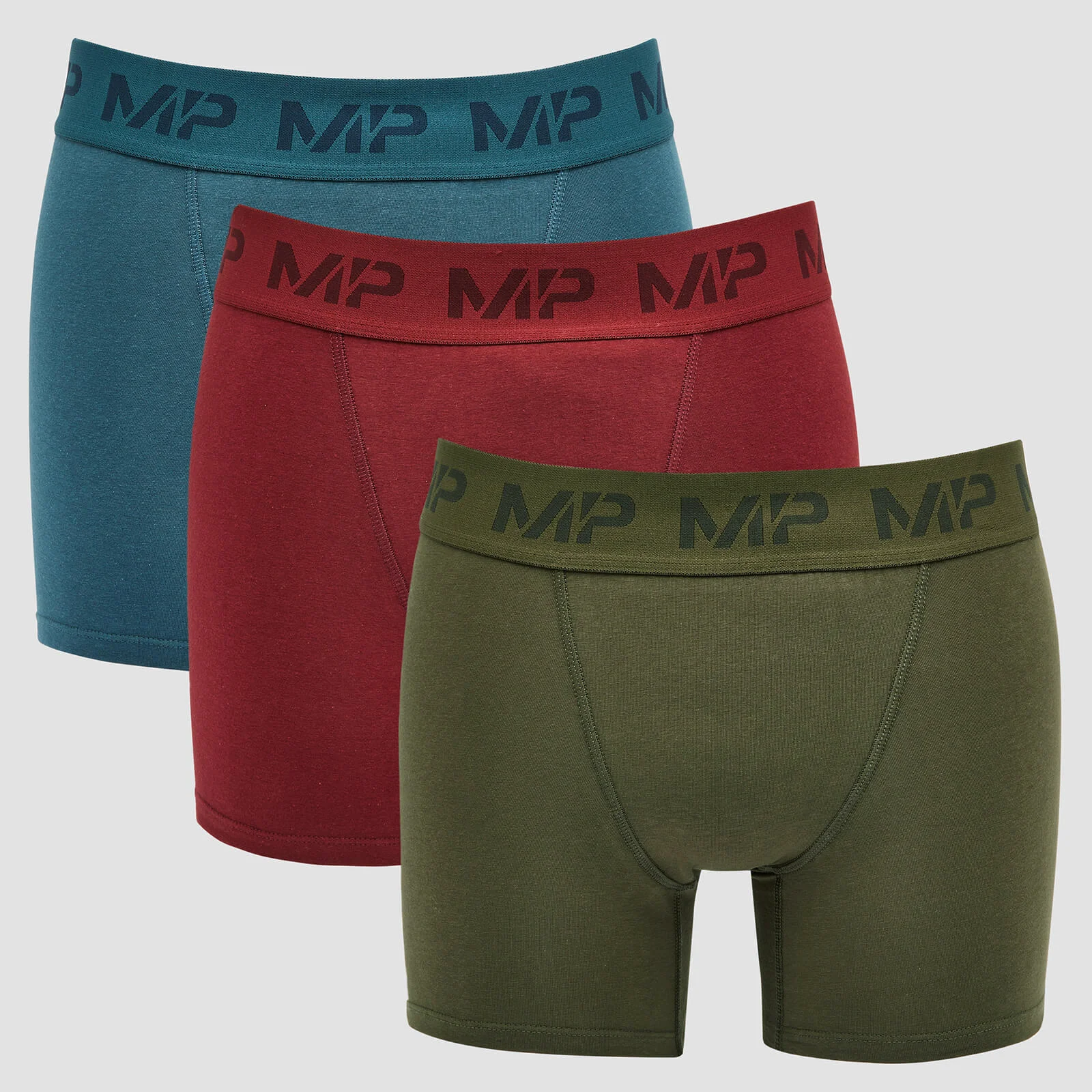 MP Men's Essential Boxers (3 Pack) Oxblood/Sea Blue/Dark Olive - XXS Image 1